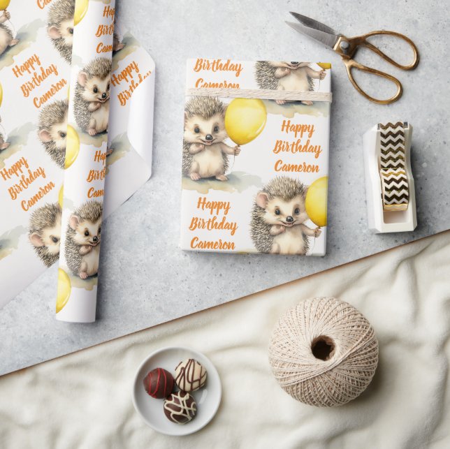 Baby Hedgehog Gender Neutral Personalized Birthday Wrapping Paper (Crafts)