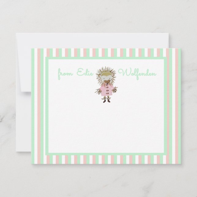 Baby Hedgehog on Pastel Candy Stripes Pink & Mint Note Card (Front)