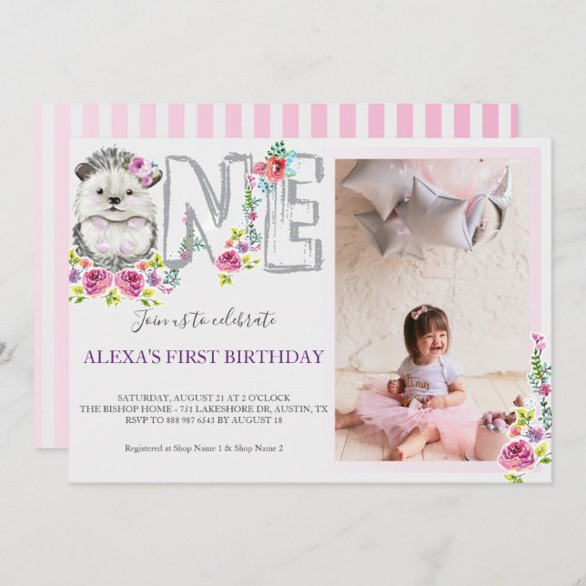 Baby Hedgehog One Birthday Invitation (Front/Back)