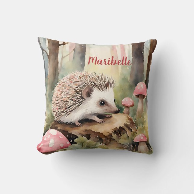 Baby Hedgehog Pink Mushroom Girls Personalized  Throw Pillow (Front)