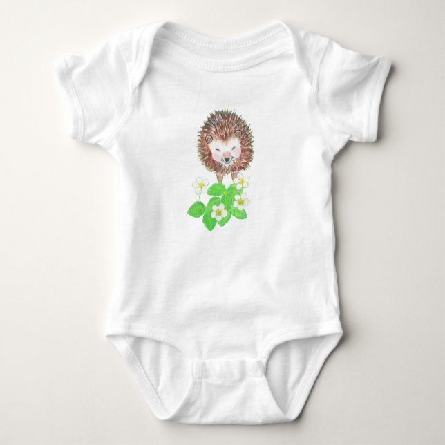 Baby Hedgehog & Wild Strawberry Flowers  Baby Bodysuit (Front)