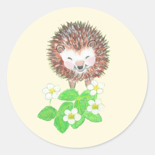 Baby Hedgehog  Wild Strawberry Flowers   Classic Round Sticker