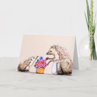 Baby Hedgehog with beetle Birthday cake Card