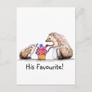 baby hedgehog with creepy crawly cupcake postcard