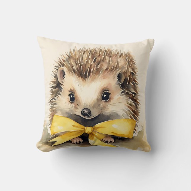 Baby Hedgehog Yellow Bow Gender Neutral Throw Pillow (Front)