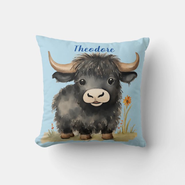 Baby Highland Cow Boys Personalized Throw Pillow (Front)