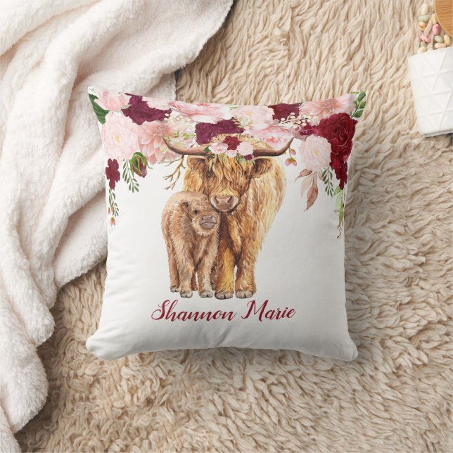 Baby Highland Cow Calf Burgundy Pink Rose Baby  Throw Pillow (Blanket)