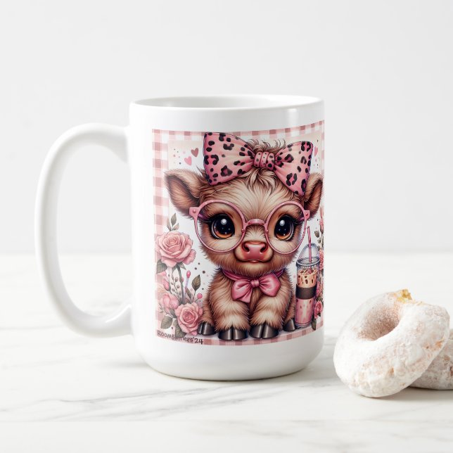 Baby Highland Cow Coquette Leopard Bow Iced Coffee Coffee Mug (With Donut)