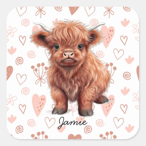 Baby Highland Cow Custom Name  Square Sticker