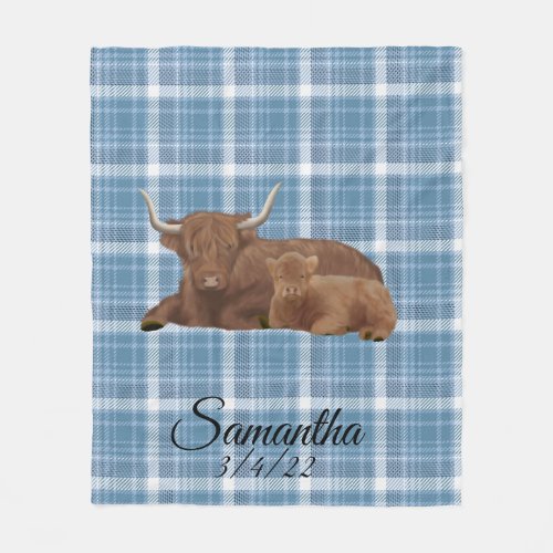 Baby Highland Cow Rose Gold Plaid Personalized  Fl Fleece Blanket