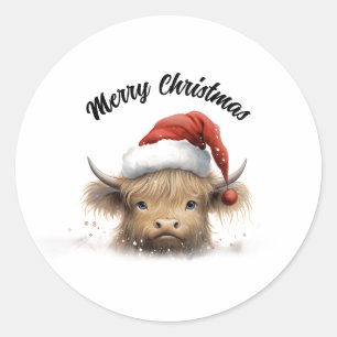 Baby Highland Cow Santa Hat Classic Round Sticker