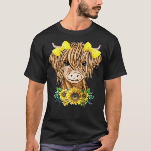 Baby Highland Cow Sunflower Western Country Heifer T_Shirt