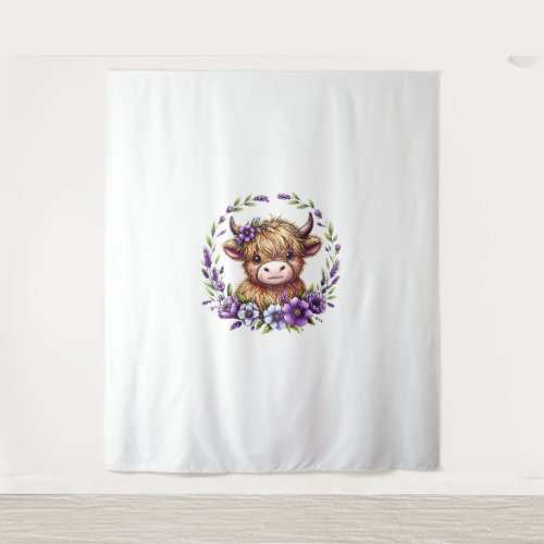 Baby Highland Cow With Purple Flowers Scottish Far Tapestry