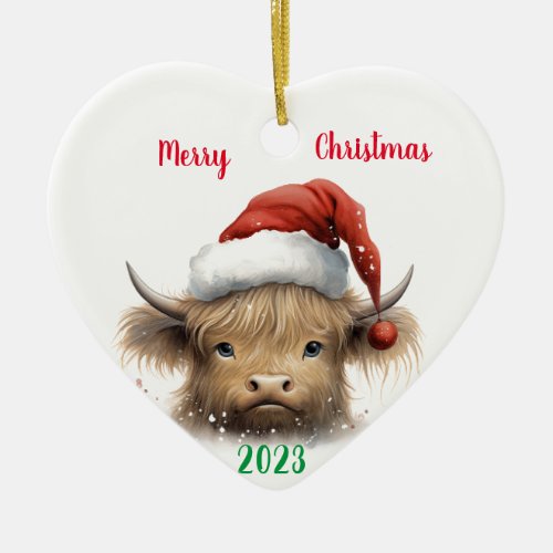 Baby Highland Cow with Santa hat Ceramic Ornament