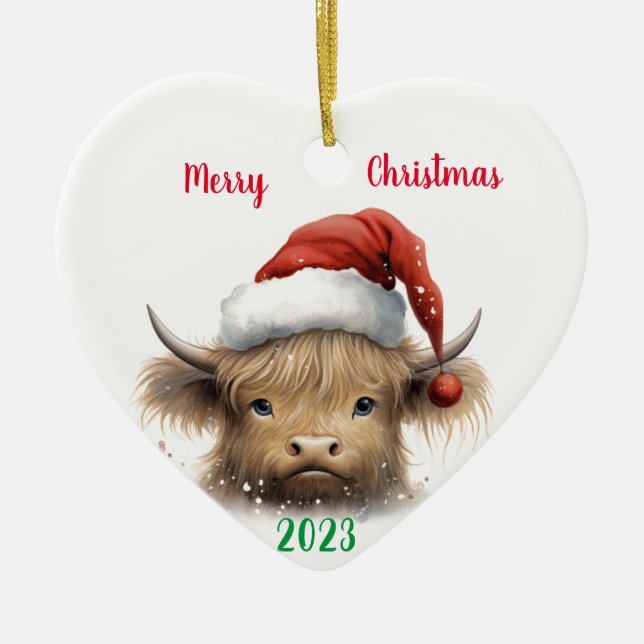 Baby Highland Cow with Santa hat Ceramic Ornament (Front)