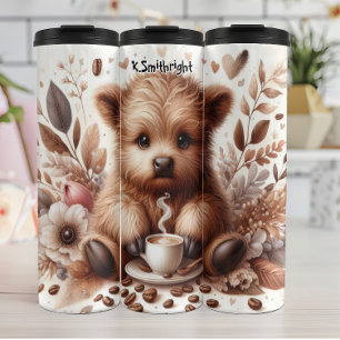 Baby Highland Cow with Steaming Coffee Thermal Tumbler
