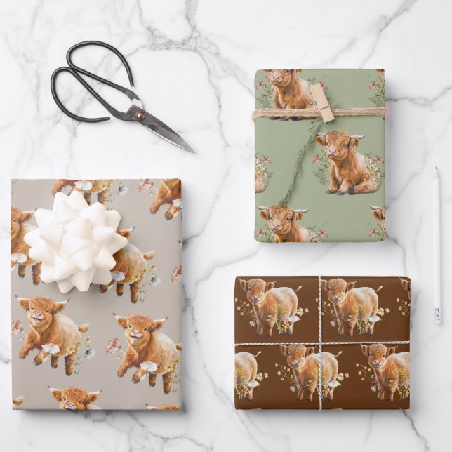 Baby Highland Cow Wrapping Paper Sheets (Front)