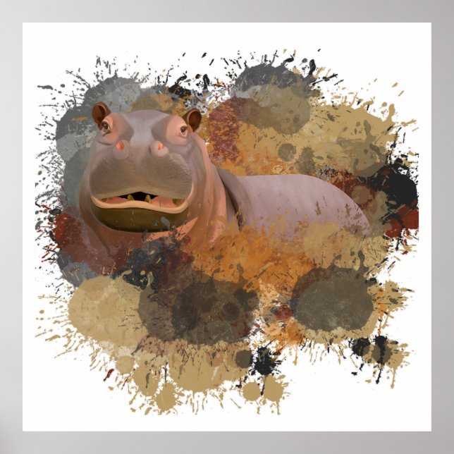 Baby Hippo Abstract Paint Splatter Wildlife Poster (Front)