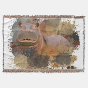 Baby Hippo Abstract Paint Splatter Wildlife Throw Blanket