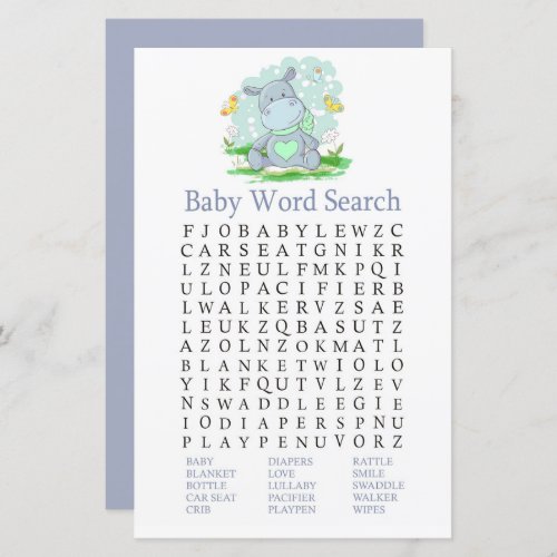 Baby Hippo Baby Shower Word Search Game