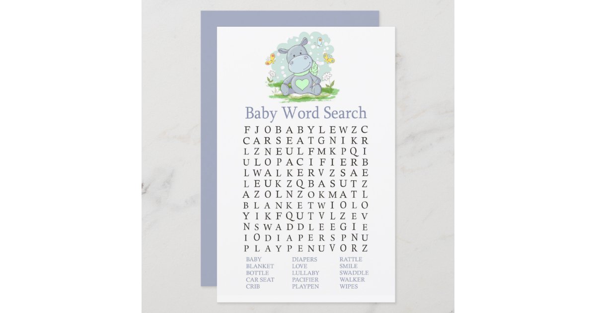 Baby Hippo Baby Shower Word Search Game Zazzle