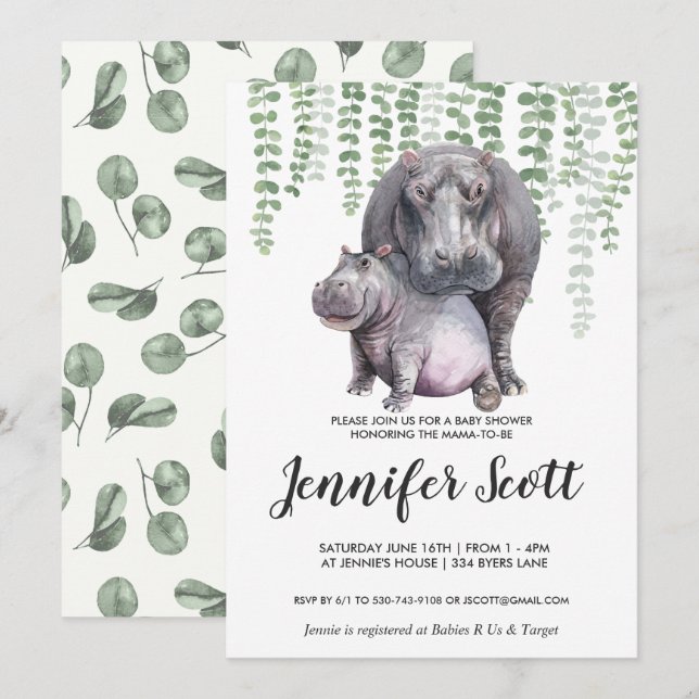Baby Hippo Jungle Baby Shower Invitation (Front/Back)