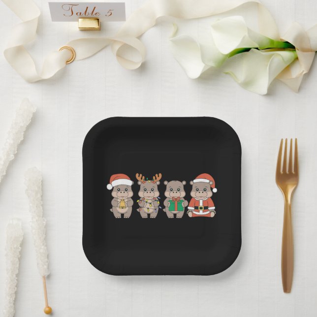 Baby Hippo Moo Deng Christmas Paper Plates (Wedding)