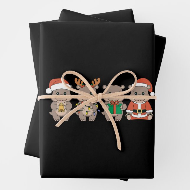Baby Hippo Moo Deng Christmas Wrapping Paper Sheets (In situ)