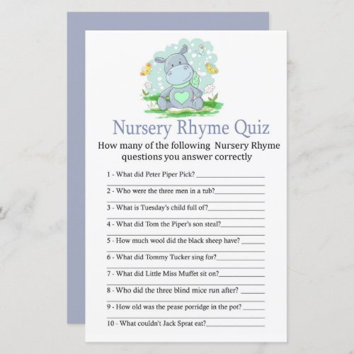 Baby Hippo Nursery Rhyme Quiz baby shower game