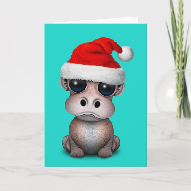 Baby Hippo Wearing a Santa Hat Holiday Card (Front)