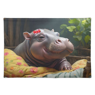Baby Hippo Zena In A Big Basket, Cloth Placemat