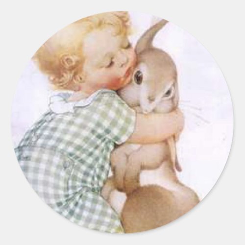 Baby Hugging Easter Bunny Classic Round Sticker