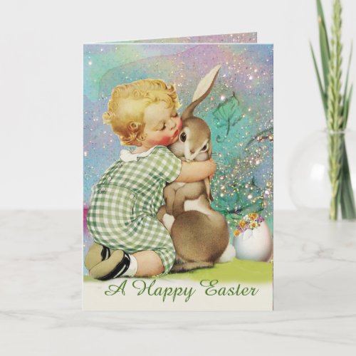 BABY HUGGING EASTER BUNNY IN BLUE SPARKLES HOLIDAY CARD