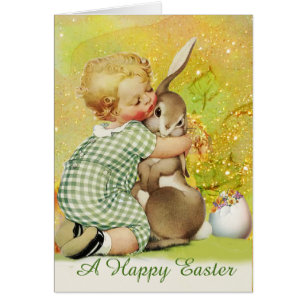 BABY HUGGING EASTER BUNNY IN GOLD YELLOW SPARKLES CARDS