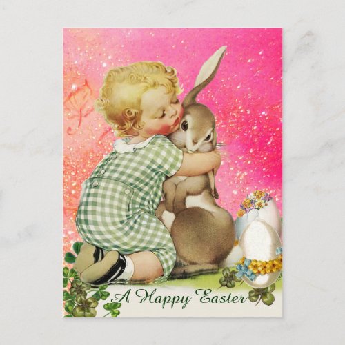 BABY HUGGING EASTER BUNNY IN PINK FUCHSIA SPARKLES HOLIDAY POSTCARD