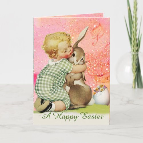 BABY HUGGING EASTER BUNNY IN PINK SPARKLES HOLIDAY CARD