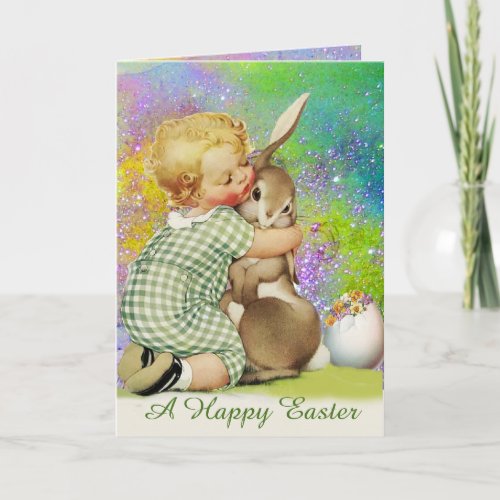 BABY HUGGING EASTER BUNNY IN PURPLE GREEN SPARKLES HOLIDAY CARD