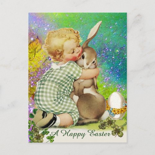 BABY HUGGING EASTER BUNNY IN PURPLE GREEN SPARKLES HOLIDAY POSTCARD