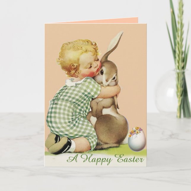 BABY HUGGING EASTER BUNNY ,Pink Holiday Card (Front)