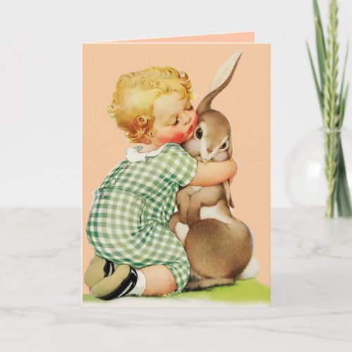 BABY HUGGING EASTER BUNNY Pink Holiday Card
