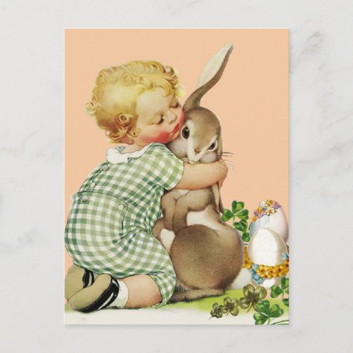 BABY HUGGING EASTER BUNNYPink Holiday Postcard