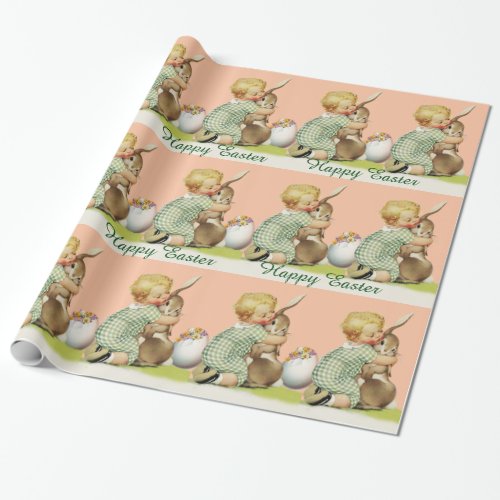 BABY HUGGING EASTER BUNNY Pink Wrapping Paper