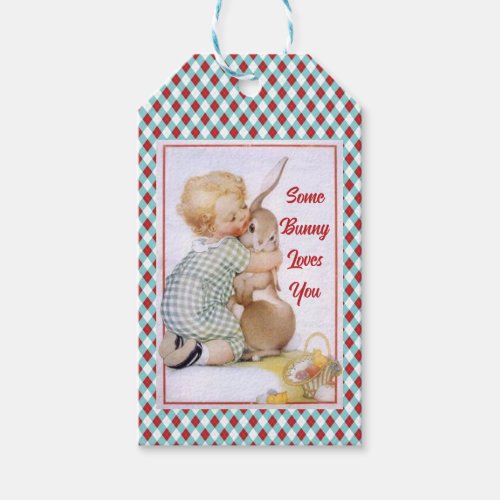 Baby Hugging Easter Bunny Red and Blue Argyle Gift Tags