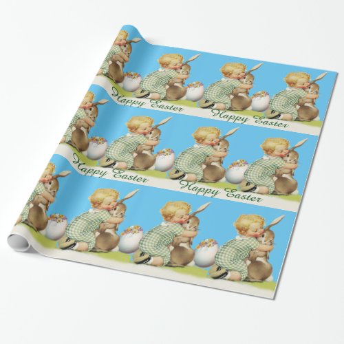 BABY HUGGING EASTER BUNNY Sky Blue Wrapping Paper