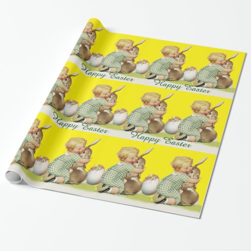 BABY HUGGING EASTER BUNNY Yellow Wrapping Paper
