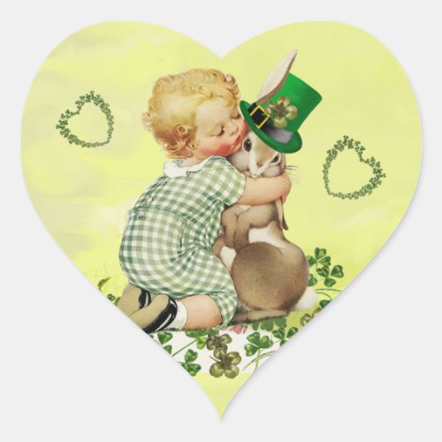 BABY HUGGING RABBITHEARTS IRISH ST PATRICKS DAY HEART STICKER