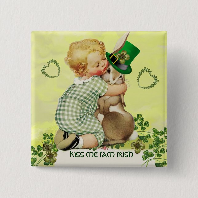 BABY HUGGING RABBIT IRISH ST. PATRICK'S DAY PARTY BUTTON (Front)