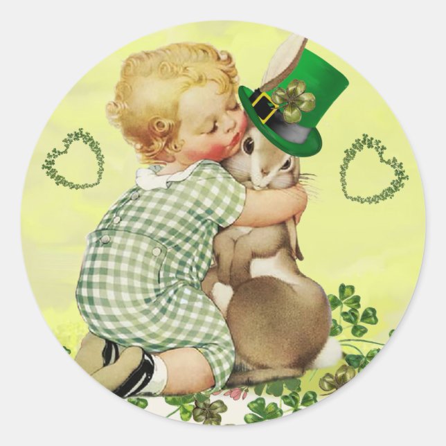 BABY HUGGING RABBIT IRISH ST. PATRICK'S DAY PARTY CLASSIC ROUND STICKER (Front)