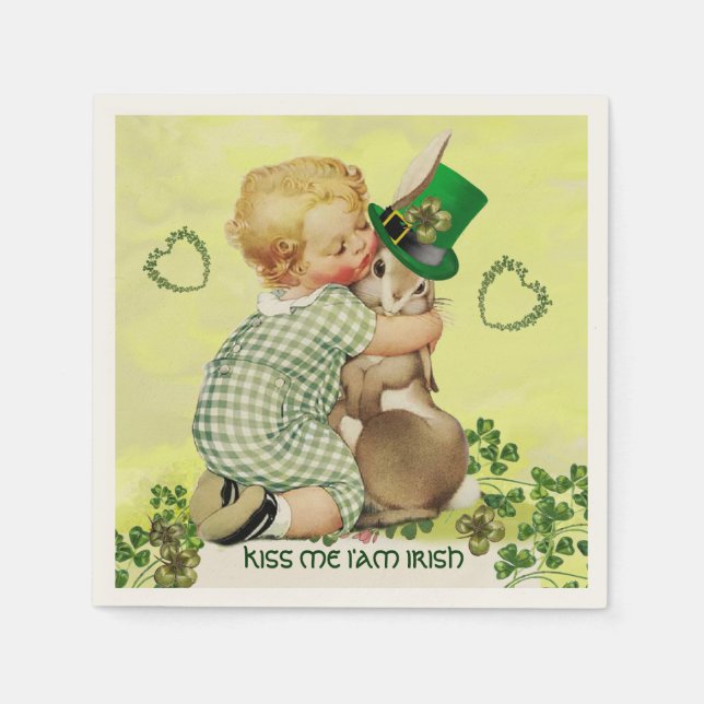 BABY HUGGING RABBIT IRISH ST. PATRICK'S DAY PARTY PAPER NAPKINS (Front)