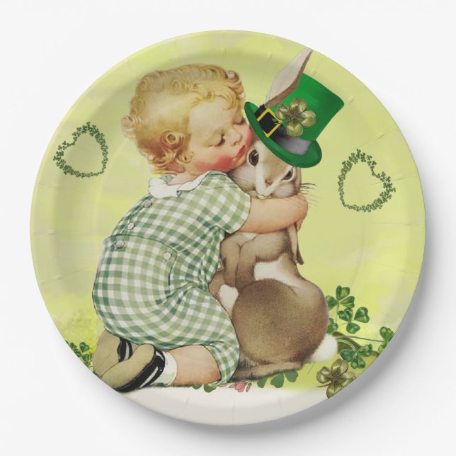 BABY HUGGING RABBIT IRISH ST. PATRICK'S DAY PARTY PAPER PLATES (Front)